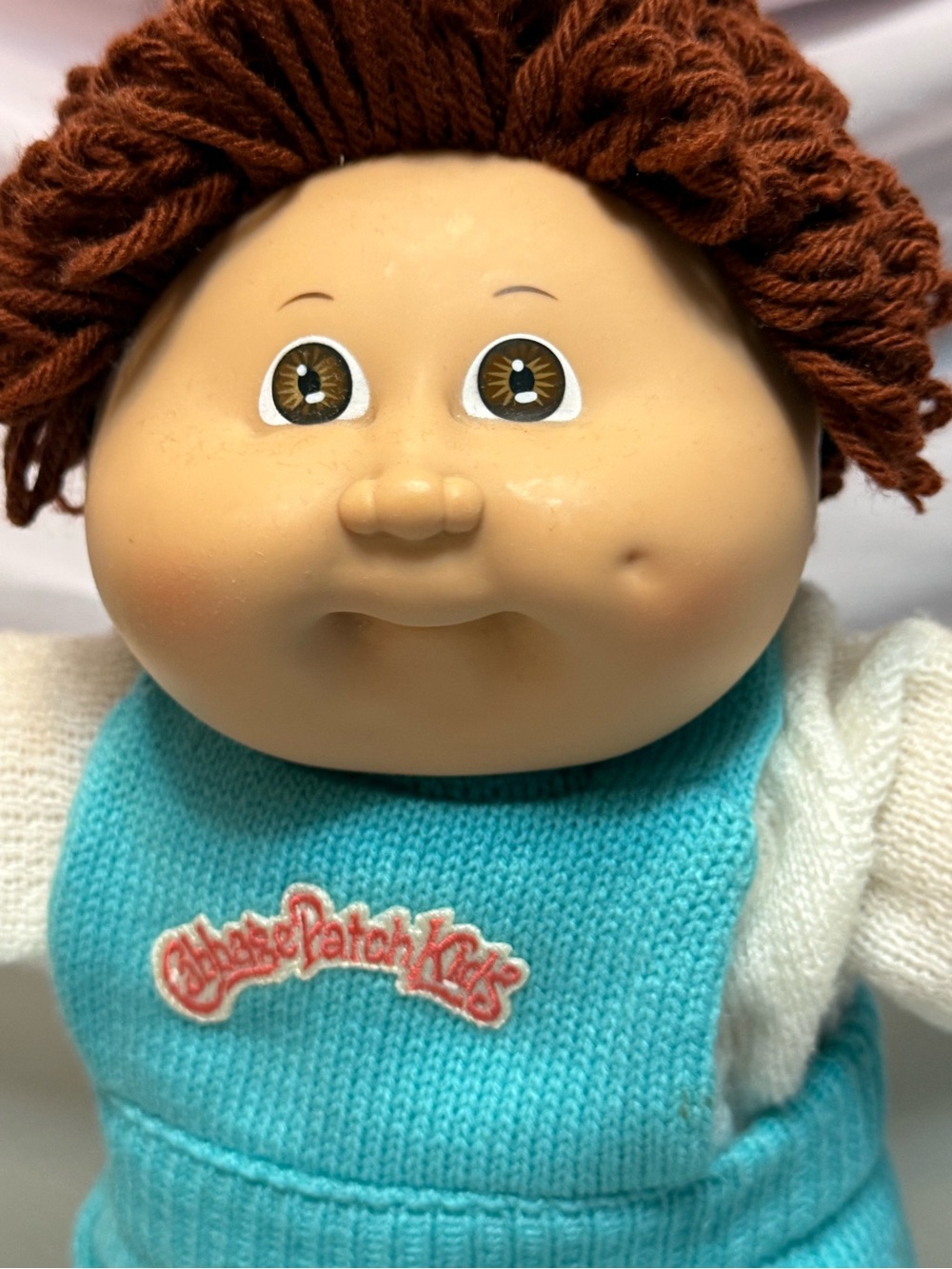Cabbage patch kids vintage boy brown hair eyes in knit overalls outfit